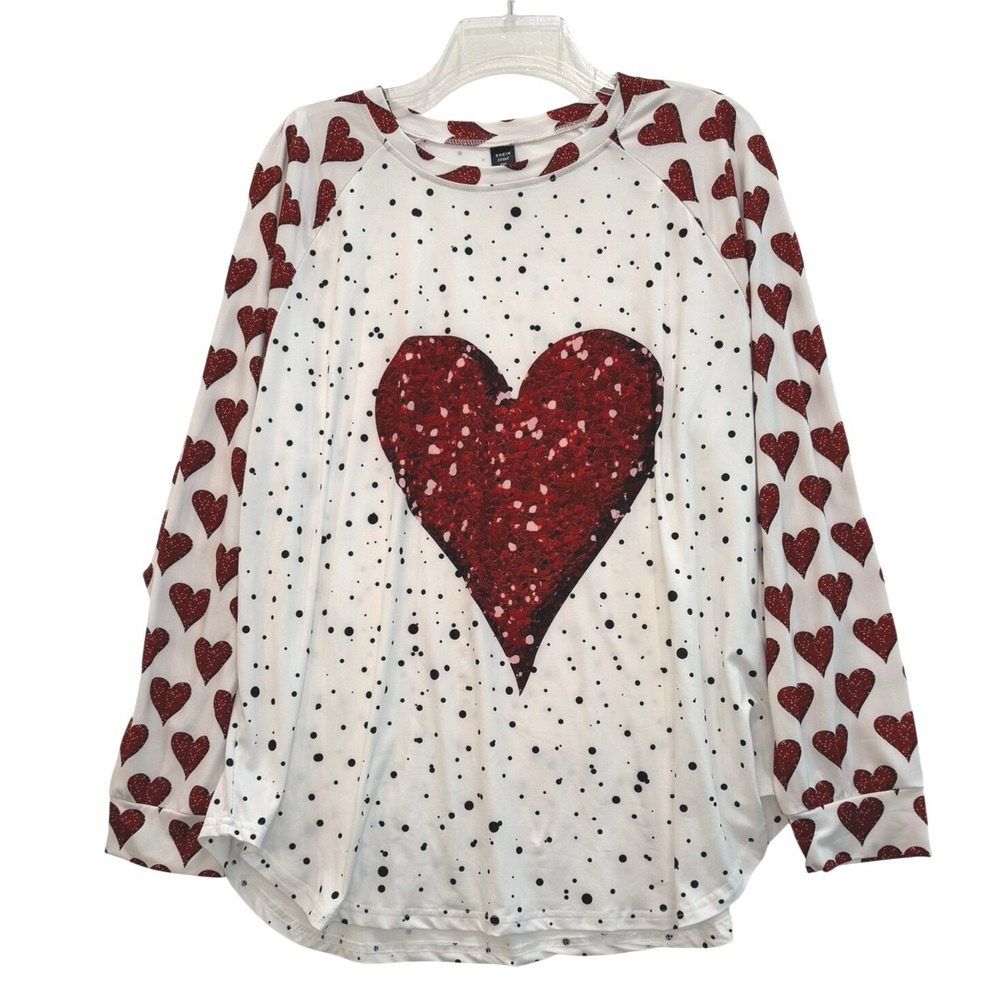 Shein Curve Womens Plus 2XL Heart Polka Dot Raglan Long Sleeve Top White Red